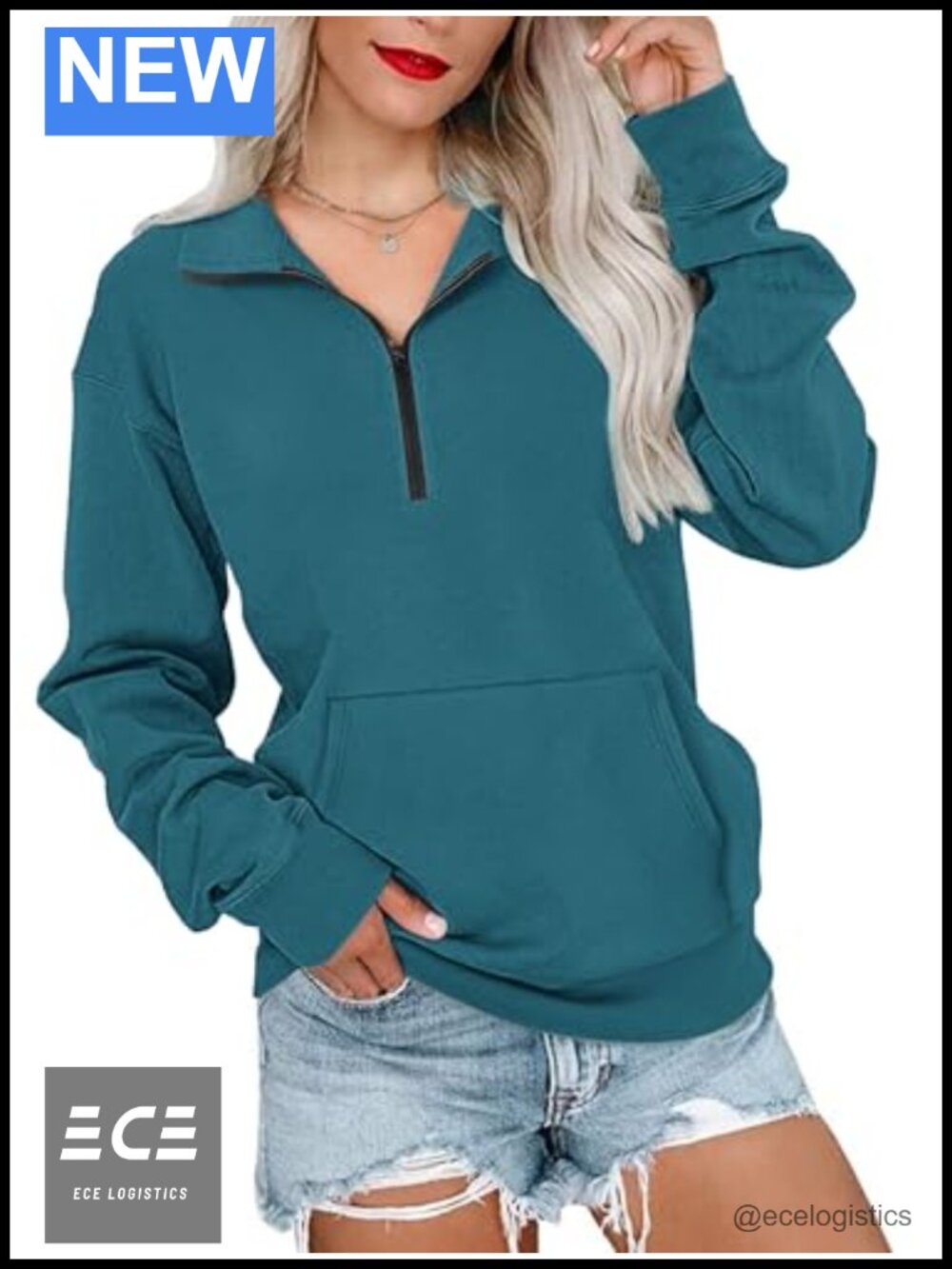 Half Zip Oversized Sweatshirt Long Sleeve Pullover Kangaroo Pocket